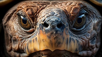 Wall Mural - An up-close shot of a tortoise's weathered face,