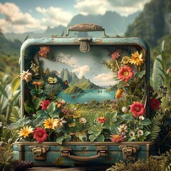 Poster - A blue suitcase is filled with flowers and plants, creating a whimsical