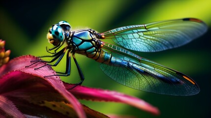 Close-up of a vibrant dragonfly perched on a leaf