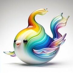 Wall Mural - A stunning blown glass sculpture of a playful, a cute jumping fish with seamlessly blended rainbow colors, white background