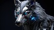 Sleek robotic wolf with artificial fur and glowing LED eyes