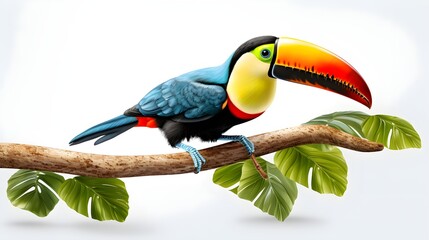 Wall Mural - Tropical toucan perched on a branch, set against a clean white canvas,