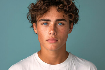 Canvas Print - Young man with curly hair and blue eyes against light blue background, portrait for promotional material