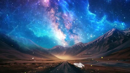 Wall Mural - milky way glowing above a road leading to distance. seamless looping overlay 4k virtual video animat