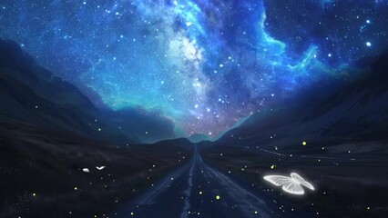 Wall Mural - milky way glowing above a road leading to distance. night sky view. seamless looping overlay 4k virt