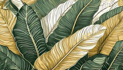 Wall Mural - Luxury gold nature background. Floral pattern, Golden bananas, palms, exotic flowers, line arts illustration.
