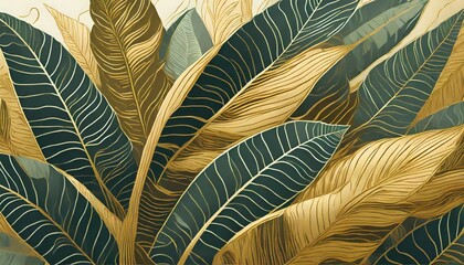 Wall Mural - Luxury gold tropical leaves background. Wallpaper design with golden line art texture from palm leaves, Jungle leaves, monstera