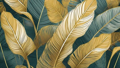 Wall Mural - Tropical leaf Wallpaper, Luxury nature leaves pattern design, Golden banana leaf line arts, Hand drawn outline