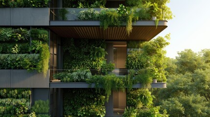 Architectural detail of an eco-friendly residential building with balconies lush with integrated greenery and sustainable design. AIG41