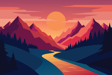 Wall Mural - Tranquil mountain river at sunset vector design