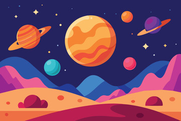 Space at another planet background in flat cartoon design. Cosmos fantasy poster with stars sky, different planets and celestial bodies, rocks desert at cosmic surface vector