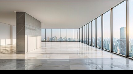 Canvas Print - An empty office space with minimalist decor and large windows overlooking a city skyline