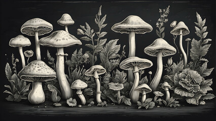 This detailed monochrome drawing showcases a variety of mushrooms surrounded by foliage, resembling vintage botanical illustrations