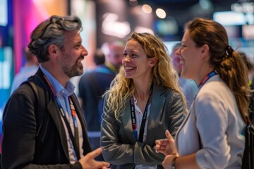 individuals in business casual attire as they laugh and chat together at an exhibition booth after t