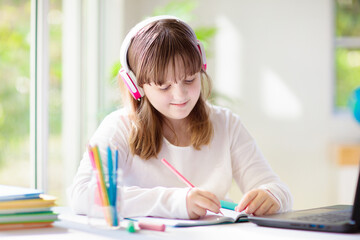 Wall Mural - Online remote learning. School kids with computer.