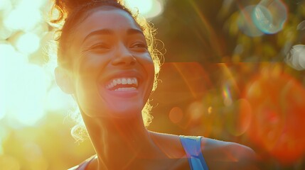 A healthy and sporty woman is smiling up into the morning sunlight, revealing her healthy, bright teeth. Health, dental care, insurance concept. 