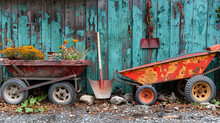 Rustic Gardening Tools Against Turquoise Wall