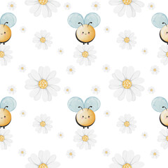 Watercolor seamless pattern cute bee.