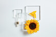 Transparent rectangular glass pedestal in different size displayed on white flat form with serum bottle lid and a sunflower decorated. Blank space for adding text or design elements