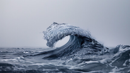 This mesmerizing photograph captures the essence of a powerful ocean wave as it surges forward against a backdrop of muted gray. The wave, with its towering crest and surging momentum, dominates 