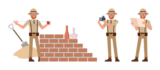 Set of Archaeologist man wear brown suit character vector illustration design. Presentation in various action.