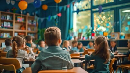 Wall Mural - Children in a classroom at school Enthusiastic students attend classroom lectures filled with AI technology and its efficiency with the education system.