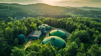 a modern biogas plant nestled in a lush forest, converting organic waste into electrical energy, sho