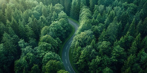 Wall Mural - Birds-eye view of green forest below, separated by winding asphalt road. Luxurious aesthetic background. Generative AI