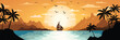Seascape at sunset with sailing yacht, picturesque sky, summer vacation, vector cartoon
