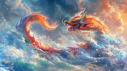Wall Mural - A colorful Chinese brush painting of a highly detailed colorful Chinese dragon baring its fangs. Fly among beautiful clouds Below the picture is a blue sea. The light hits the waves and sparkles.