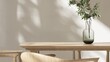 Close up of modern, minimal wooden dining table and chair in sunlight on white wall dining room, tree shadow for luxury interior design decoration, product background 3D