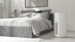 Modern white air purifier in minimal bedroom with gray bed in sunlight from window with sheer curtain for luxury interior design decoration, clean air technology, product display background 3D