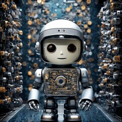 Poster - A robot with a smile on its face stands in a room full of buttons and knobs