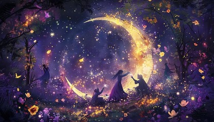 a crescent moon surrounded by fairies creating a magical potion, using star dust and flower petals