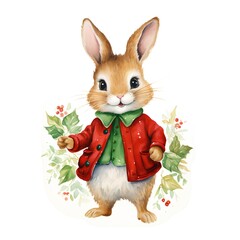 Wall Mural - Rabbit in a red jacket with a bow. Watercolor illustration