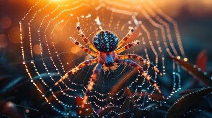 Detailed shot of a spider in its web at dawn, with dewdrops highlighting the web's intricate patterns.
