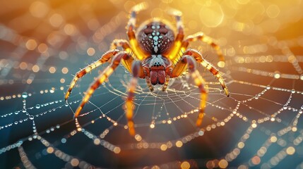 Detailed shot of a spider in its web at dawn, with dewdrops highlighting the web's intricate patterns.