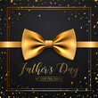 Fathers Day, June 16th. Vector Background. Black and Golden Banner with Realistic Bow Tie, Falling Confetti, Lettering, Typography. Silk Glossy Bowtie, Gentleman Tie. Fathers Day Concept