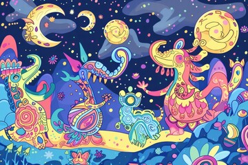 Wall Mural - Cartoon cute doodles of mirror world creatures with colorful patterns and reversed features, dancing under a mirrored moon, Generative AI