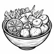 Black and white sketch of a salad bowl containing various fresh ingredients including tomatoes and lettuce.