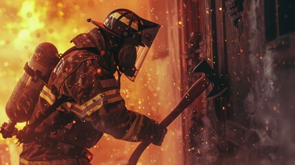 A firefighter wielding an axe to breach a door during a rescue operation, demonstrating strength and skill.