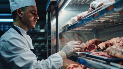 Butcher arranging trays of fresh meat cuts on racks inside a walk-in freezer, maintaining quality and hygiene standards.