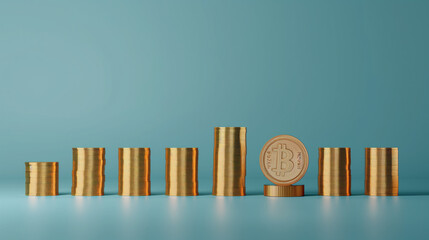 gold coin columns placed in a row over a blue plain background, business or economy growth analysis graph with coins, business finance stack of coins, cash flow in economy, investment growth 