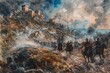 Capture the intricate details of a historic battle scene using the elegant structure of a sonnet in a watercolor painting, highlighting the bravery and sacrifice of soldiers