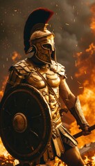 Wall Mural - Spartan on burning battlefield wearing armor and helmet