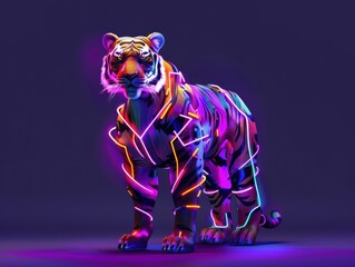 Wall Mural - Futuristic 3d tiger character with colorful glow neon light isolated on dark purple background
