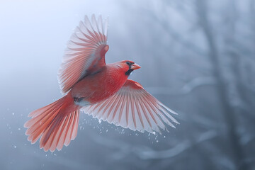 A red bird flying away from twigs in the wild, wildlife template