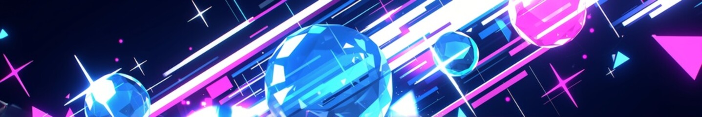 Poster - Dynamic neon lines. Blue, pink glow. Dark background. Digital abstract style. Ultra wide. Suggests movement, energy. Ideal for high-energy scenes, with copy space