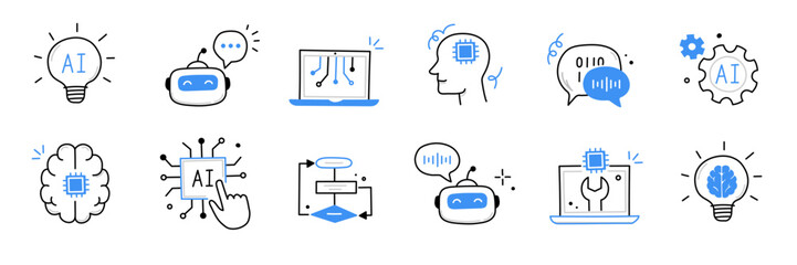 Poster - Artificial ai brain icon. Ai machine digital robot hand drawn doodle line icon. Artificial brain algorithm machine science concept. Hand drawn sketch style cute blue line. Vector illustration