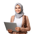 © The Stock Guy - Smiling young middle east businesswoman in hijab holding laptop, isolated on transparent background